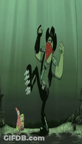 A Cartoon Character Wearing A Cowboy Hat And A Bandana Stands Next To A Spongebob Character GIF