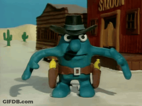A Cartoon Character Wearing A Cowboy Hat And Holding Two Guns In Front Of A Saloon GIF