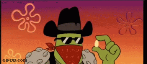 A Cartoon Character Wearing A Cowboy Hat And Sunglasses Is Holding A Small Object . GIF