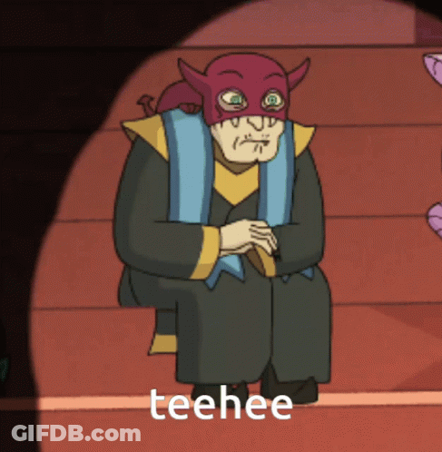 A Cartoon Character Wearing A Devil Mask Is Sitting On A Set Of Stairs With The Words Teehee Below Him GIF