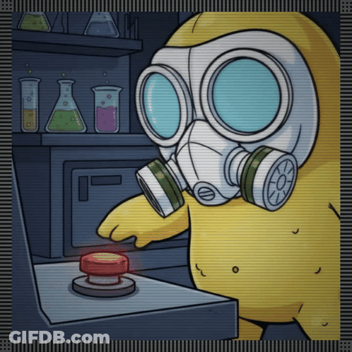 A Cartoon Character Wearing A Gas Mask Is Pressing A Button GIF