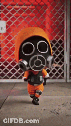 A Cartoon Character Wearing A Gas Mask Is Walking On The Street GIF