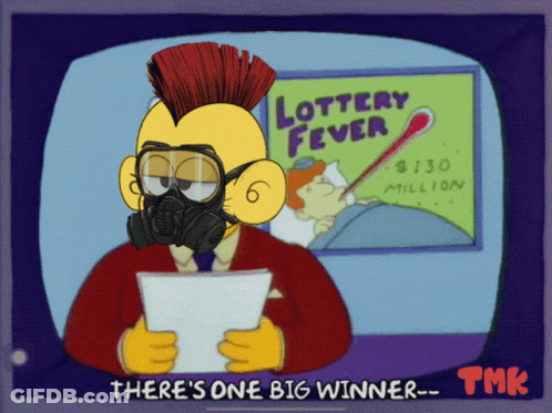 A Cartoon Character Wearing A Gas Mask Stands In Front Of A Lottery Fever Sign GIF