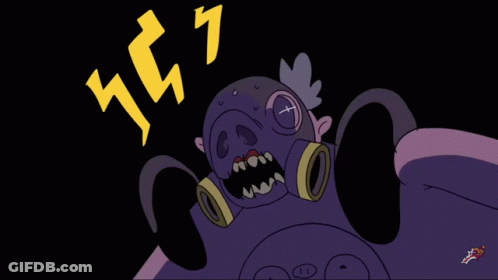 A Cartoon Character Wearing A Gas Mask With A Cross On His Eye GIF