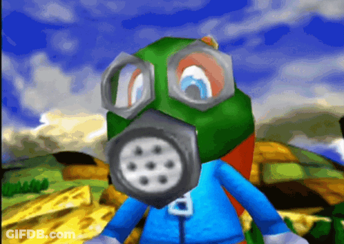 A Cartoon Character Wearing A Gas Mask With A Letter B On His Chest GIF