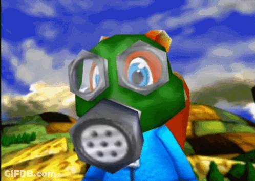 A Cartoon Character Wearing A Green Gas Mask And Glasses GIF
