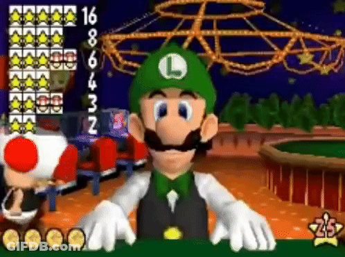 A Cartoon Character Wearing A Green Hat With The Letter L On It Is Playing A Video Game . GIF