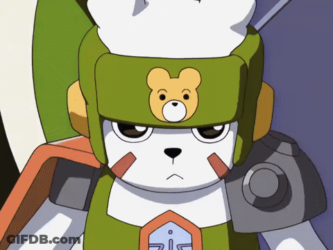 A Cartoon Character Wearing A Green Helmet With A Teddy Bear Face On It GIF