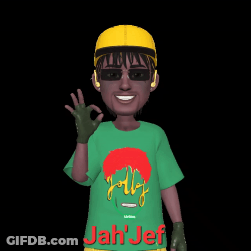 A Cartoon Character Wearing A Green Jolly Jah Jef T-Shirt GIF