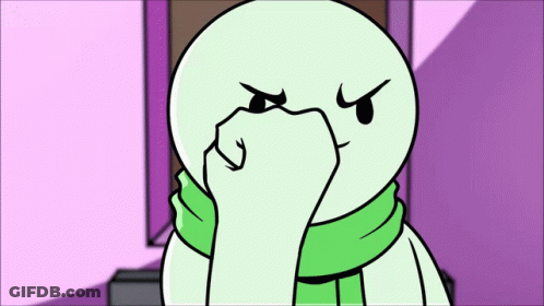 A Cartoon Character Wearing A Green Scarf Covering His Face With His Hand GIF