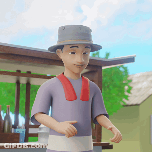 A Cartoon Character Wearing A Hat And A Purple Shirt Is Smiling GIF