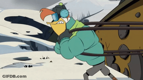 A Cartoon Character Wearing A Hat And Goggles Is Carrying Something GIF