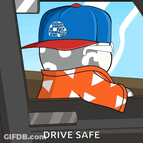 A Cartoon Character Wearing A Hat And Scarf With The Words Drive Safe Above Him GIF