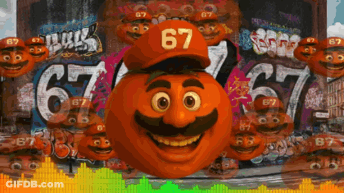 A Cartoon Character Wearing A Hat With 67 On It GIF