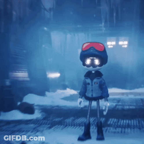 A Cartoon Character Wearing A Helmet And Goggles Standing In The Snow GIF