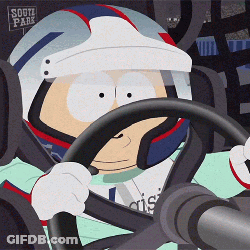 A Cartoon Character Wearing A Helmet Is Driving A Car With A South Park Sign In The Background GIF