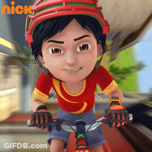 A Cartoon Character Wearing A Helmet Is Riding A Bike With A Nick Logo Behind Him GIF