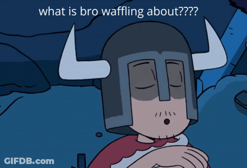 A Cartoon Character Wearing A Helmet With Horns And The Words " What Is Bro Waffling About " Above Him GIF