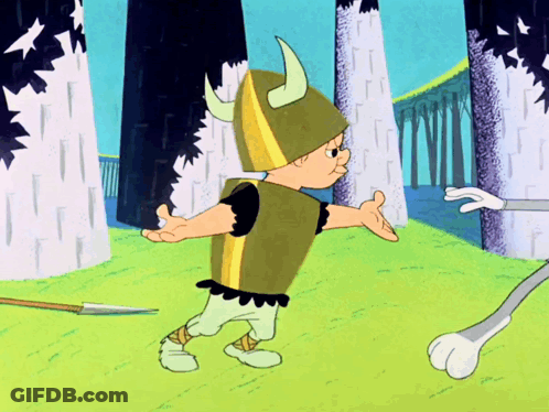A Cartoon Character Wearing A Horned Helmet Is Standing Next To A Rabbit GIF