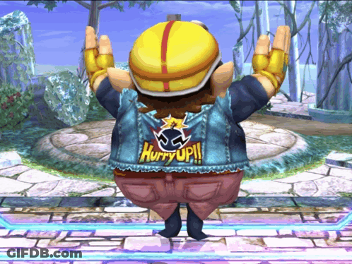 A Cartoon Character Wearing A Hurry Up Jacket GIF