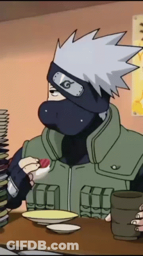 A Cartoon Character Wearing A Mask And A Headband With The Letter G On It Is Eating Food . GIF