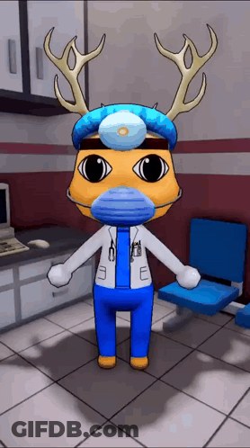 A Cartoon Character Wearing A Mask And Antlers Is Standing In A Waiting Room GIF