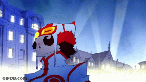 A Cartoon Character Wearing A Mask Stands In Front Of Buildings GIF