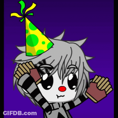 A Cartoon Character Wearing A Party Hat And Holding French Fries GIF