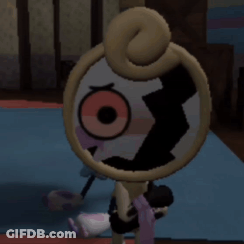 A Cartoon Character Wearing A Party Hat Stands Next To Another Character GIF