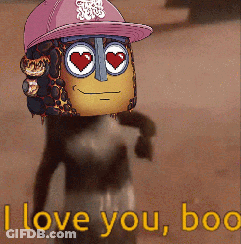 A Cartoon Character Wearing A Pink Hat With The Words I Love You Boo Below It GIF