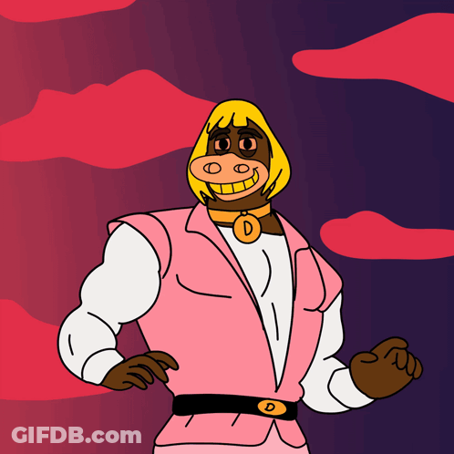 A Cartoon Character Wearing A Pink Jacket And A Gold Necklace With The Letter D GIF