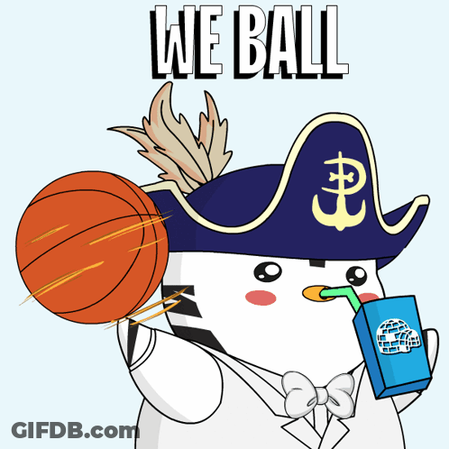 A Cartoon Character Wearing A Pirate Hat Is Holding A Basketball And Drinking A Milkshake With The Words We Ball Written GIF