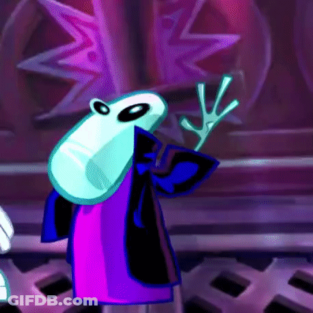 A Cartoon Character Wearing A Purple Coat And A Blue Jacket Is Holding A Stick GIF