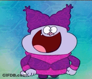 A Cartoon Character Wearing A Purple Hat And A Pink Sweater Is Smiling . GIF