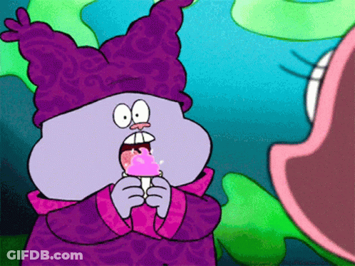 A Cartoon Character Wearing A Purple Hat Is Eating An Ice Cream Cone . GIF