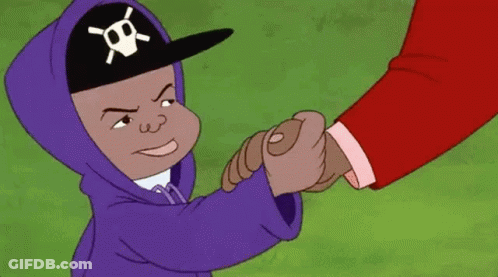 A Cartoon Character Wearing A Purple Hoodie And A Pirate Hat Is Shaking Hands With Another Person . GIF