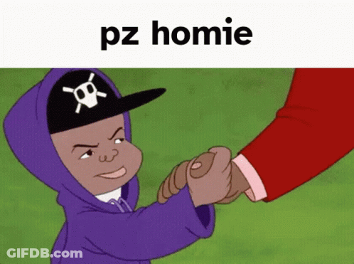 A Cartoon Character Wearing A Purple Hoodie And A Skull Hat Is Shaking Hands With Another Person . GIF