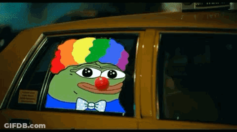 A Cartoon Character Wearing A Rainbow Wig And A Red Nose Is Looking Out The Window Of A Car . GIF