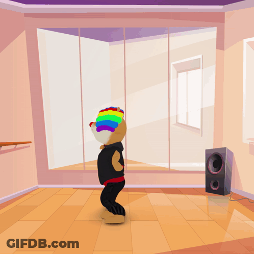 A Cartoon Character Wearing A Rainbow Wig Is Dancing In Front Of A Mirror GIF