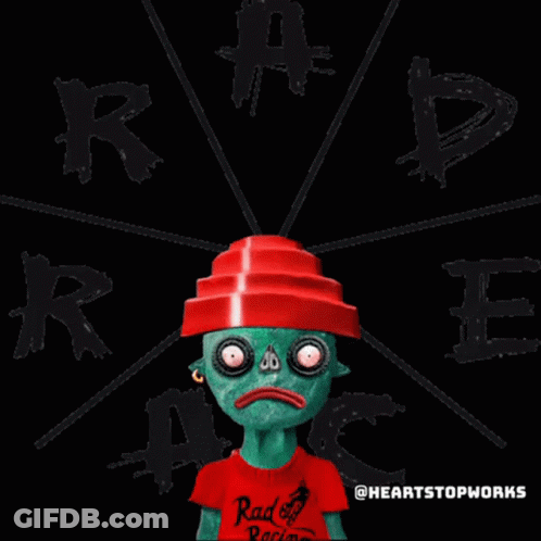 A Cartoon Character Wearing A Red Hat And A Red Sweater With Rad Race Written On It GIF
