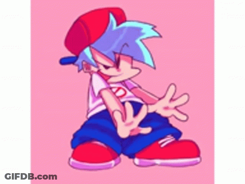 A Cartoon Character Wearing A Red Hat And Blue Hair Is Standing In Front Of A Pink Background . GIF