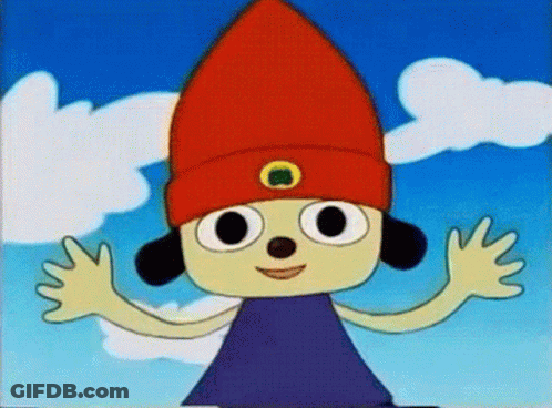 A Cartoon Character Wearing A Red Hat With A Green Circle On It GIF