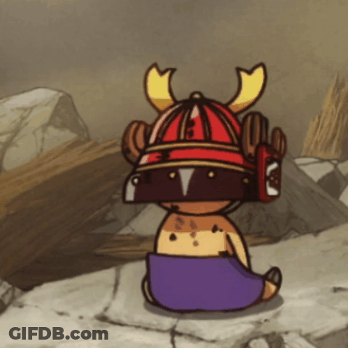 A Cartoon Character Wearing A Samurai Helmet With Horns GIF