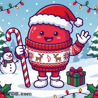 A Cartoon Character Wearing A Santa Hat And Sweater Is Holding A Candy Cane . GIF
