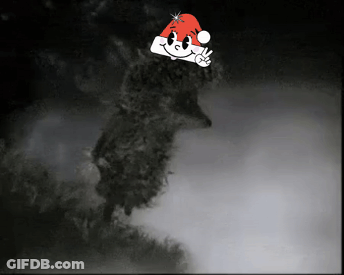 A Cartoon Character Wearing A Santa Hat Is Waving In The Dark GIF