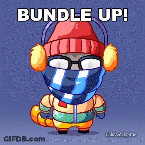 A Cartoon Character Wearing A Scarf And Ear Muffs With The Words Bundle Up Above Him GIF