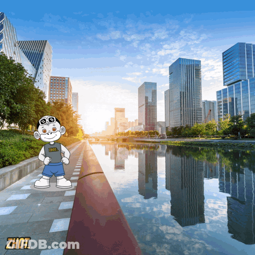 A Cartoon Character Wearing A Shirt That Says Thrasher Stands In Front Of A City Skyline GIF