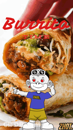A Cartoon Character Wearing A Shirt That Says ' Zhot ' On It Points To A Burrito GIF