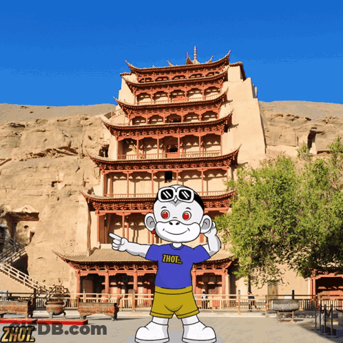 A Cartoon Character Wearing A Shirt That Says Zhou Points To A Building GIF