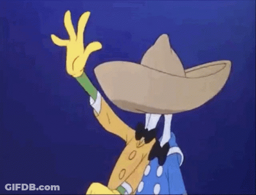 A Cartoon Character Wearing A Sombrero And A Bow Tie Is Waving . GIF